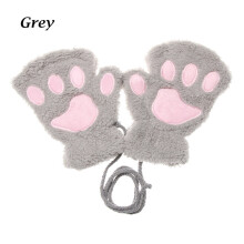 (grey) 1Pair Winter Fluffy Cat Paw Children Gloves Cute Fingerless Warm Plush