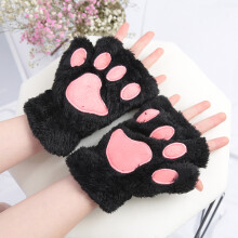 (One Size, Black) New Kawaii Women Warm Cat Gloves Fashion Girls Cat Claw Paw Plush Mittens