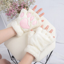 (One Size, White) New Kawaii Women Warm Cat Gloves Fashion Girls Cat Claw Paw Plush Mittens