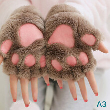 (One Size, 3) Cute Plush Cat Claw Paw Gloves For Girl Novelty Hand Warmer Flip Half