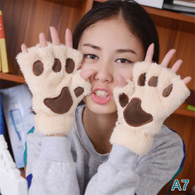 (One Size, 7) Cute Plush Cat Claw Paw Gloves For Girl Novelty Hand Warmer Flip Half