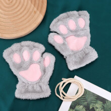 (One Size, grey) Cartoon Cat Claw Gloves for Women Girls Thickened Plush Lovely Style Bear