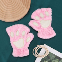 (One Size, Pink) Cartoon Cat Claw Gloves for Women Girls Thickened Plush Lovely Style Bear