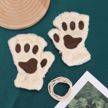 (One Size, milky white) Cartoon Cat Claw Gloves for Women Girls Thickened Plush Lovely Style Bear