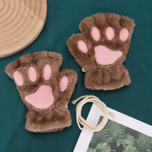 (One Size, Light brown) Cartoon Cat Claw Gloves for Women Girls Thickened Plush Lovely Style Bear