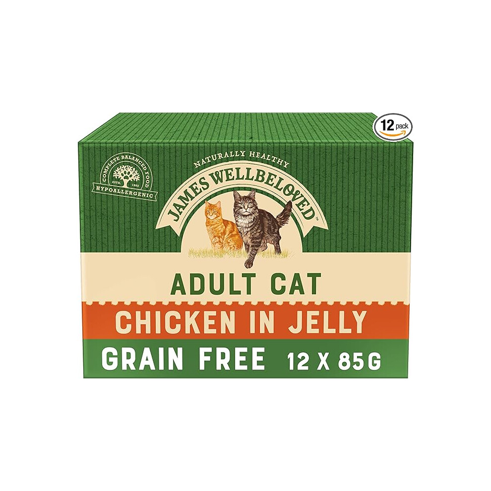 James Wellbeloved Adult Grain-Free Chicken in Jelly 12 Pouches, Hypoallergenic Wet Cat Food, Pack of 1 (12x85 g)