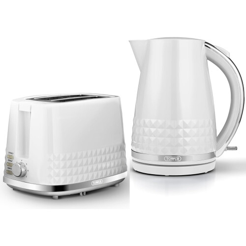 Tower Tower Solitaire Kettle & 2 Slice Toaster Matching Kitchen Set (White)