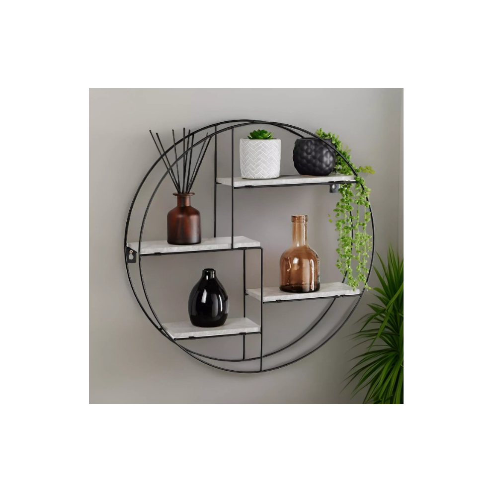 Black Metal Round Wall Shelf - Floating Multi-Section Decor with Grey Shelves