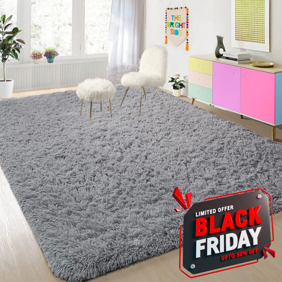 (GREY, 200X290) FLUFFY RUGS SUPER SOFT WASHABLE LIVING ROOM BEDROOM CARPET ANTI SLIP DOORMATS