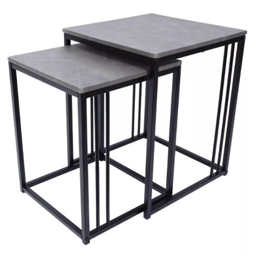 Set of 2 Grey Marble Effect Nesting Tables - Metal Frame Coffee Side Tables