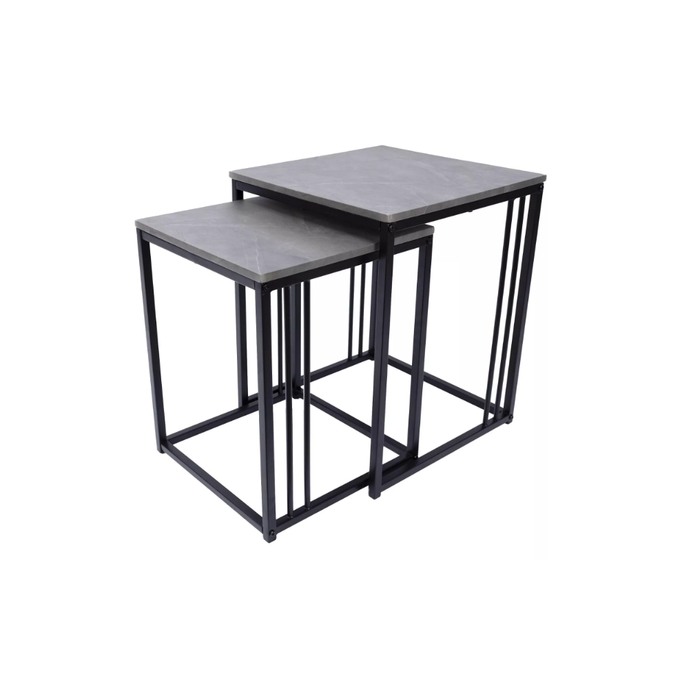 Set of 2 Grey Marble Effect Nesting Tables - Metal Frame Coffee Side Tables
