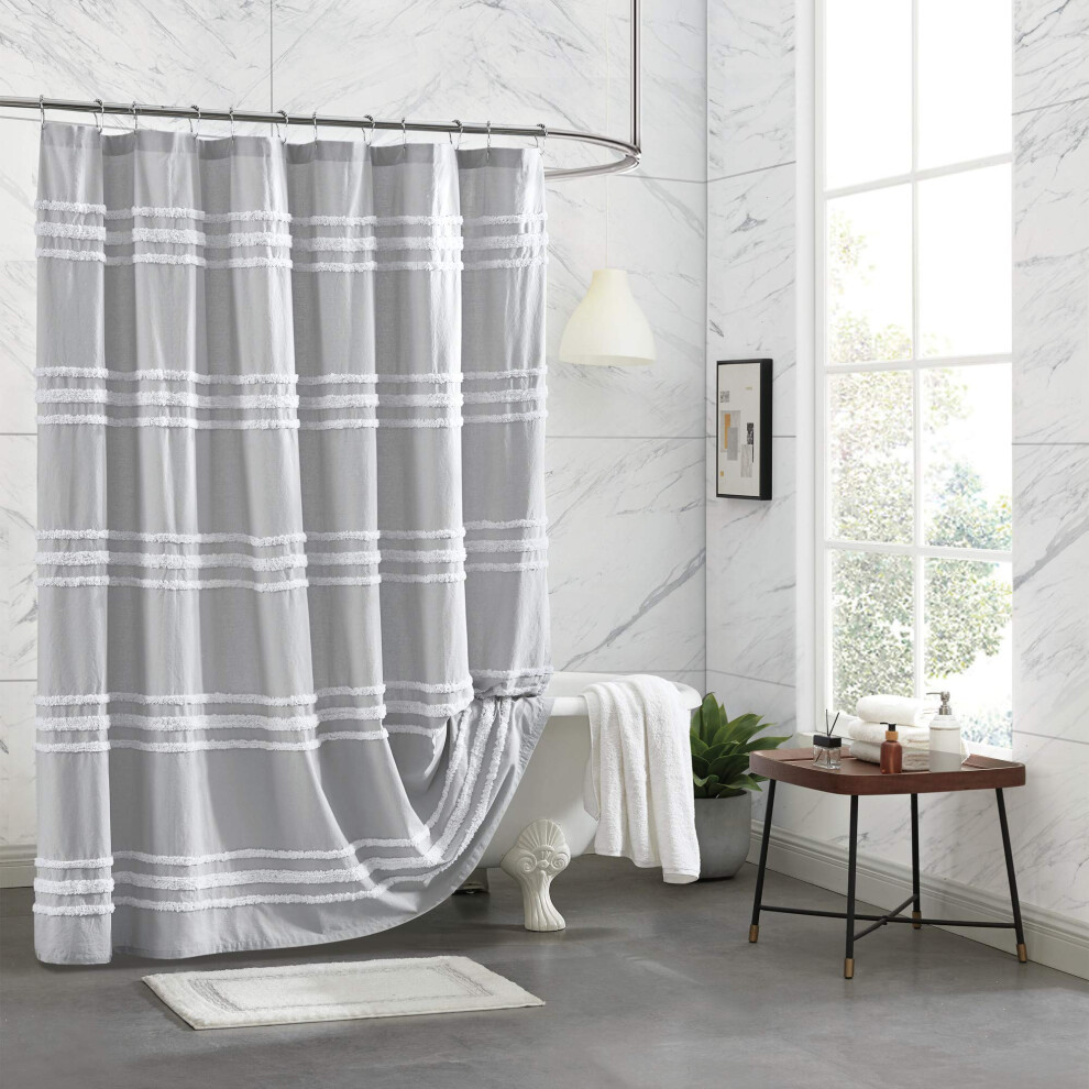 DKNY Chenille Stripe 100 Cotton Fabric Shower Curtain for Bathroom  72 x 72 inches  Grey