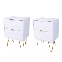 Set of 2 Bedside Tables - White & Gold End Tables with 2 Drawers