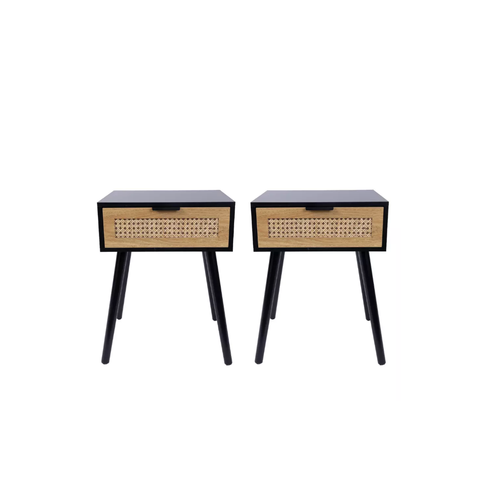 Set of 2 Black Bedside Tables - 1 Drawer with Cane Detail, Side Table