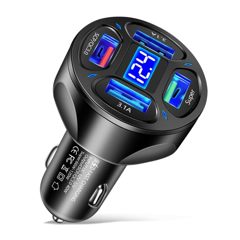 (black) 5v 7a New 4 Ports Usb Car Charger Led Digital Display Qc 3.0 66w Fast Charging Car Phone Charger For Iphone 12 13 Huawei Samsung Xiaomi