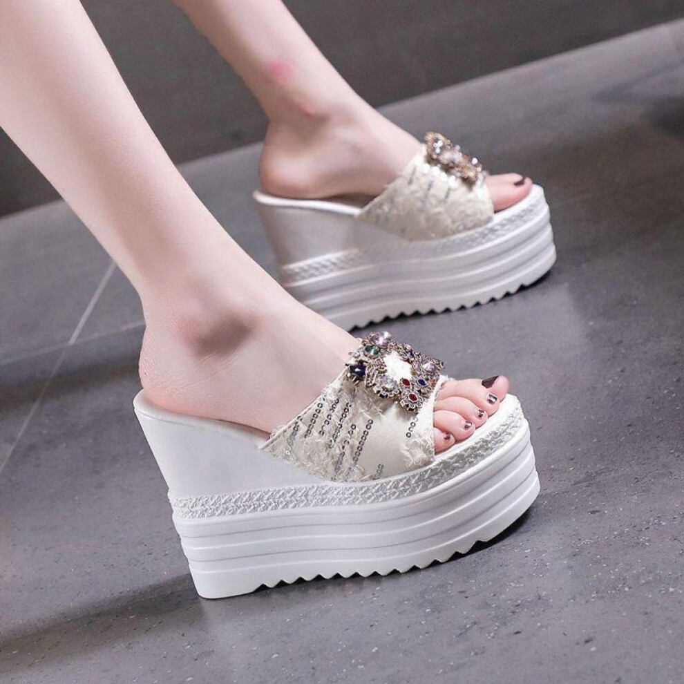 (white, 39) Summer Fashion Slippers Women&apos;s Super High Heel One Line Slippers Women&apos;s Anti Slip Thick Sole Slippers Elevated Shoes