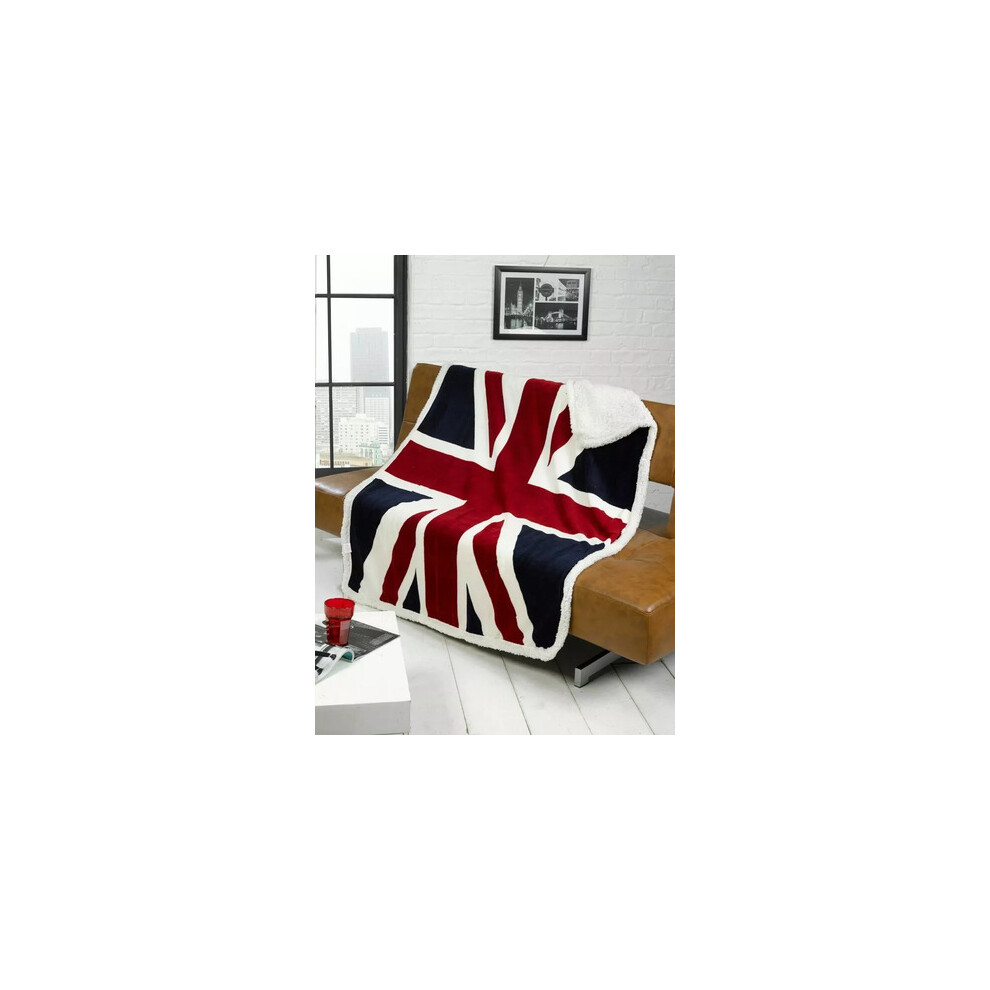 (Union Jack Red) Luxury Sherpa Faux Fur Throw Fleece Blanket Union Jack