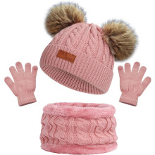 (Pink) Kids Winter Warm Thermal Knit Crochet Thick Fluffy Beanie Hat Scarf Gloves Set
