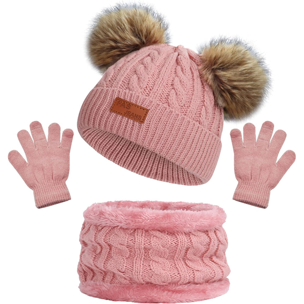 (Pink) Kids Winter Warm Thermal Knit Crochet Thick Fluffy Beanie Hat Scarf Gloves Set