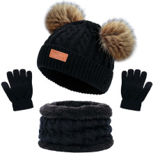 (Black) Kids Winter Warm Thermal Knit Crochet Thick Fluffy Beanie Hat Scarf Gloves Set