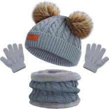 (Grey) Kids Winter Warm Thermal Knit Crochet Thick Fluffy Beanie Hat Scarf Gloves Set