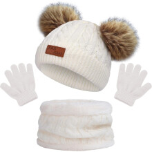 (White) Kids Winter Warm Thermal Knit Crochet Thick Fluffy Beanie Hat Scarf Gloves Set