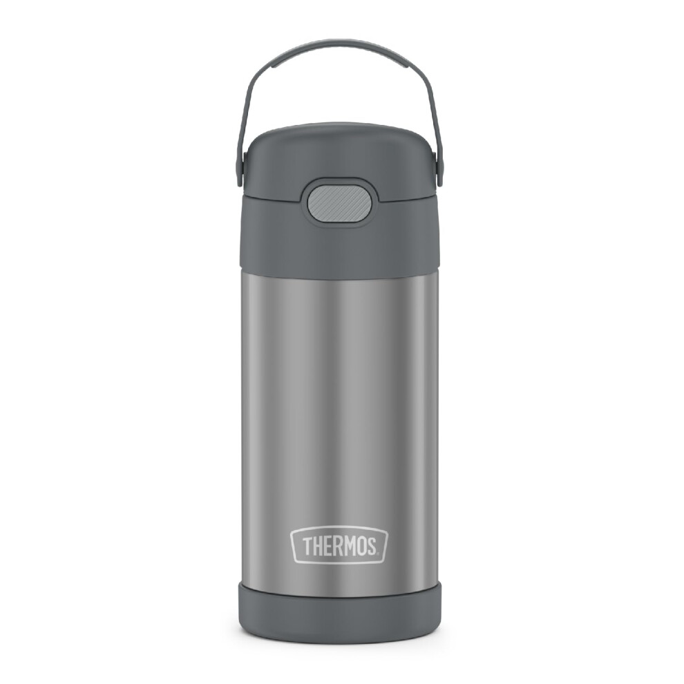 THERMOS FUNTAINER Water Bottle with Straw  12 Ounce  Grey  Kids Stainless Steel Vacuum Insulated Water Bottle with Lid