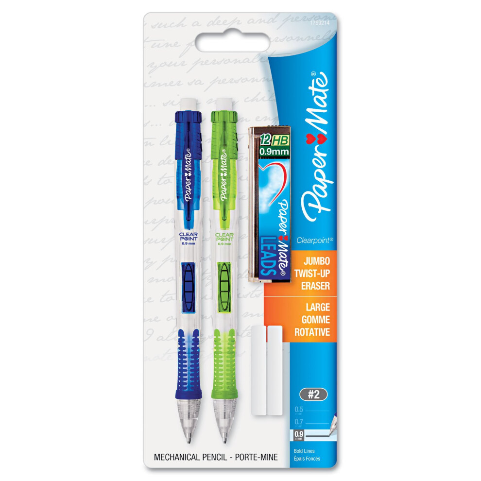 Paper Mate 1759214 Clear Point Mechanical Pencil Starter Set  09 mm  Lime Green  Royal Blue  2Set