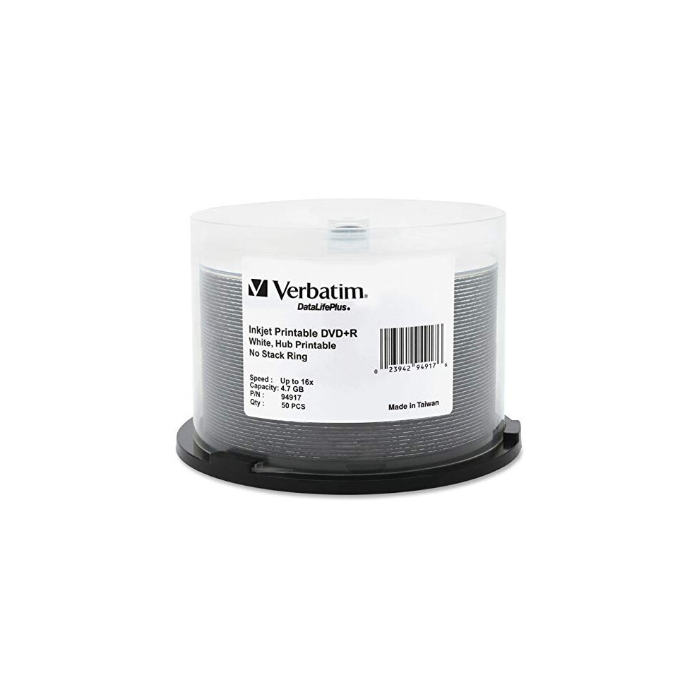 Verbatim DVDR 47GB 16X DataLifePlus White Inkjet Printable  Hub Printable  50pk Spindle