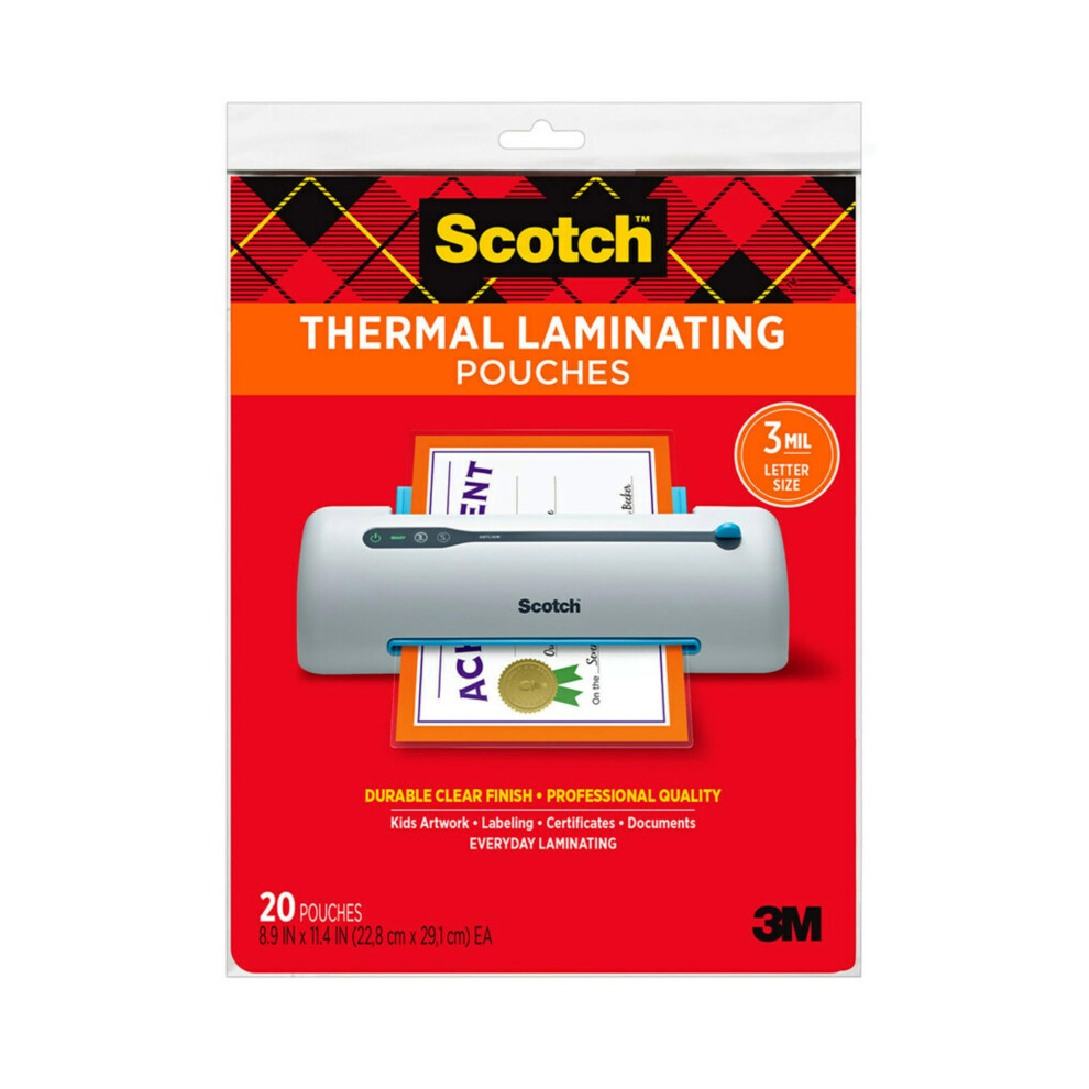 Scotch Thermal Laminating Pouches  89 x 114Inches  3 mil thick  20Pack TP385420 Clear