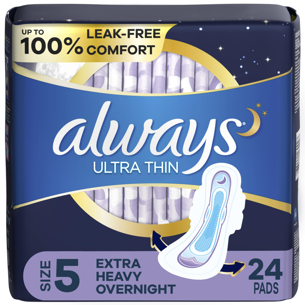 Always Ultra Thin Feminine Pads For Women  Size 5 Extra Heavy Overnight Absorbency  With Wings  Unscented  24 Count