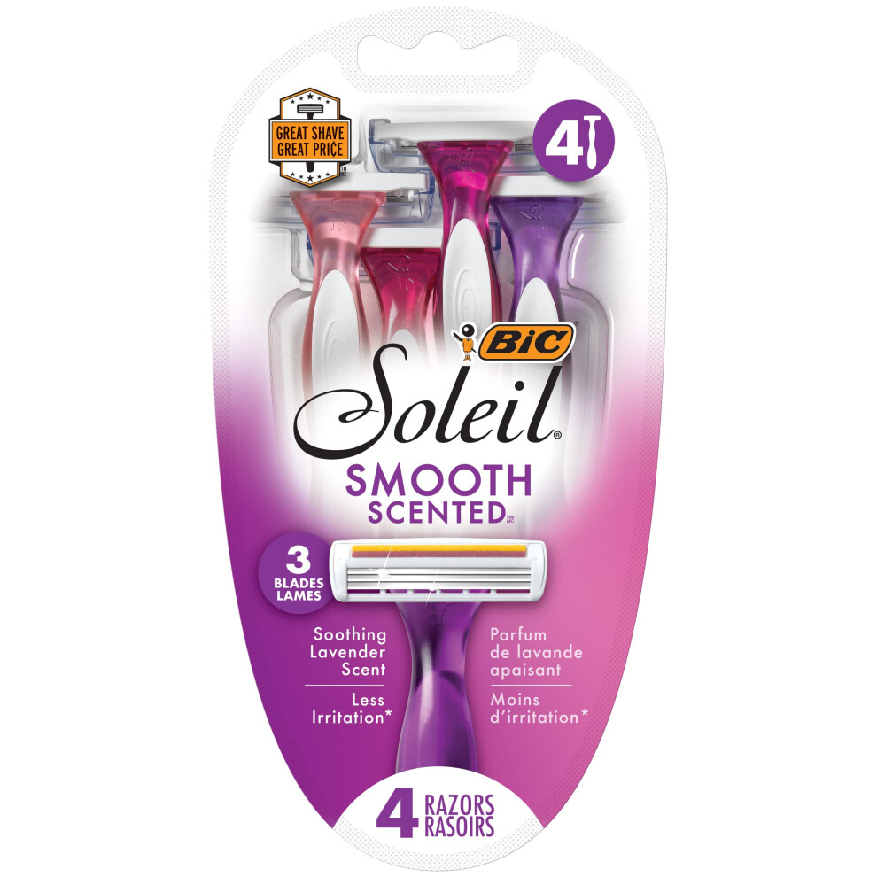 BIC Soleil Smooth Scented Womens Disposable Razor  3 Blades with a Moisture Strip For a Silky Shave  Assorted  4 Piece Razor Set