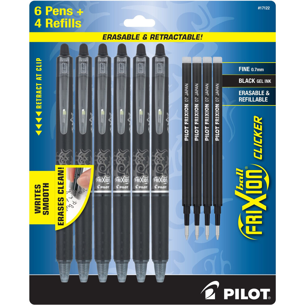 Pilot Frixion Erasable Pens  6 Pack of Black Ink Pens  4 Bonus Refills  Clicker Retractable Gel Ink Pen  Fine Point 07 mm U