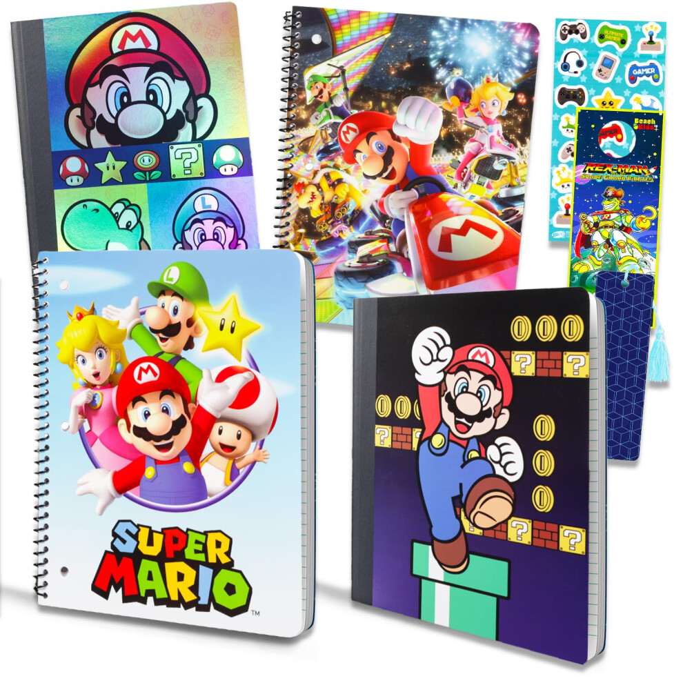 Nintendo  Super Mario Notebook for Kids  Super Mario Notebook Set Bundle Includes 4 Mario Notebooks Plus Stickers  Bookmark