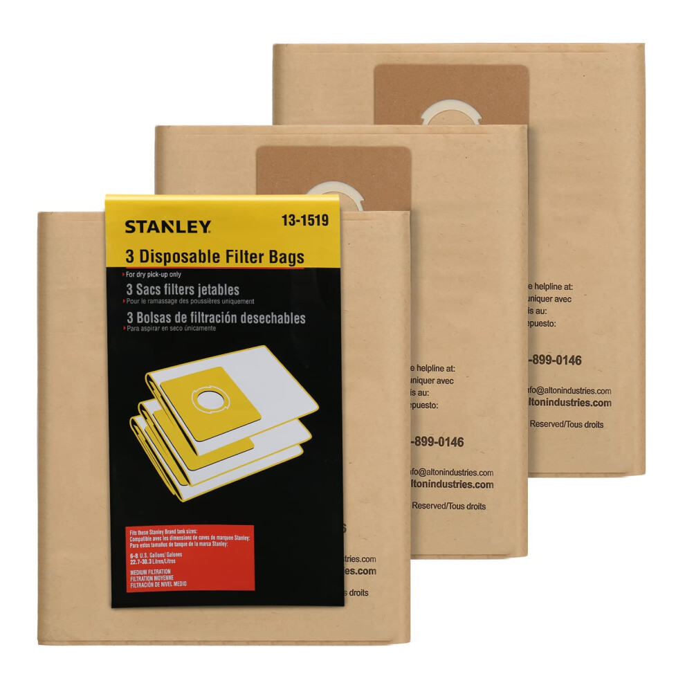 Stanley 131519 Disposable Filter Bag for SL18016 and SL18017 WetDry Vacuums  3Pack