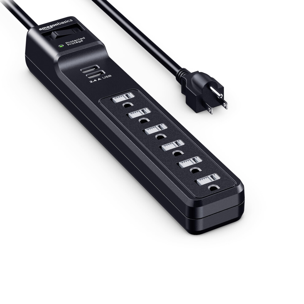 Amazon Basics Rectangular 6Outlet Surge Protector Power Strip with 2 USB Ports  1000 Joule  Black  6 ft