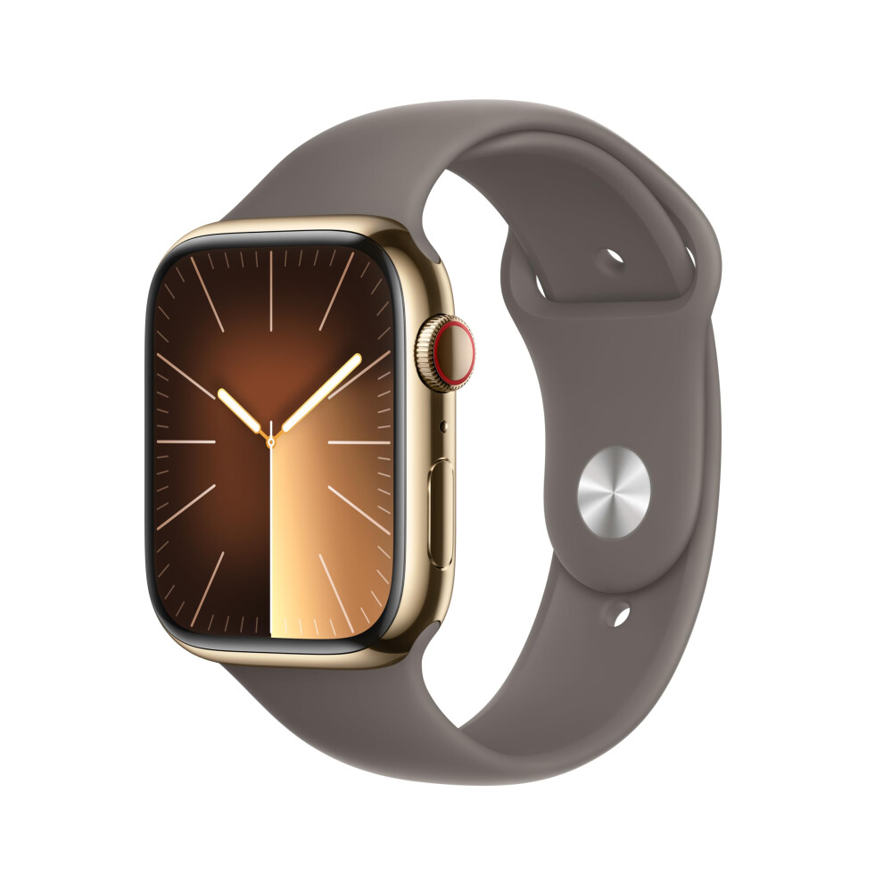 Apple Watch Series 9 GPS  Cellular 45mm Smartwatch with Gold Stainless Steel Case with Clay Sport Band SM Fitness Tracker