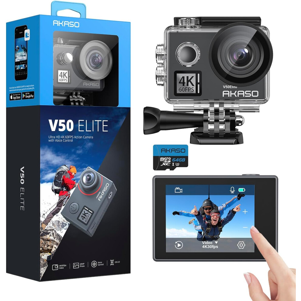 AKASO V50 Elite 4K60fps Touch Screen WiFi Action Camera Voice Control EIS 131 feet Waterproof Camera 8X Zoom Remote Control wit