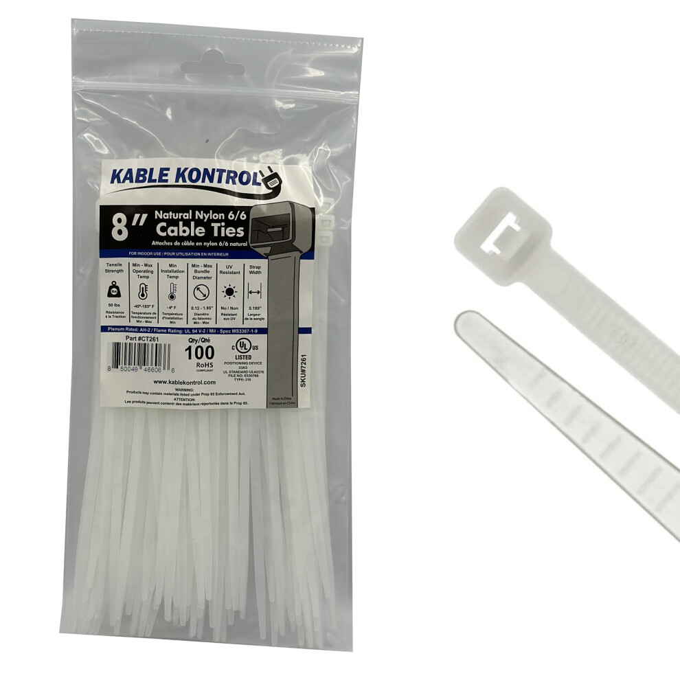 Kable Kontrol Cable Zip Ties Natural White 100 Pcs 8 Inch 50 Lbs Tensile Strength Selflocking Natural Nylon Clear Plastic Wir 618559072616