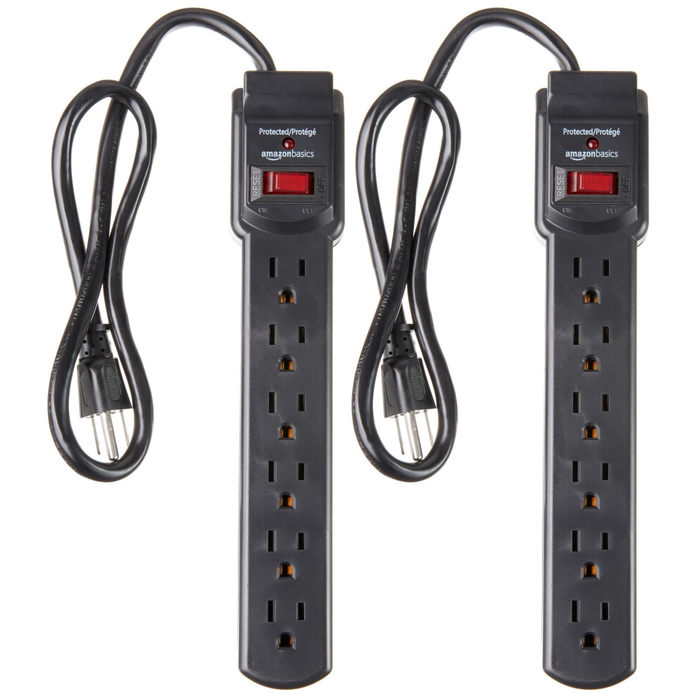 Amazon Basics 6Outlet  200 Joule Surge Protector Power Strip  Pack of 2  Rectangle  2 Foot  Black