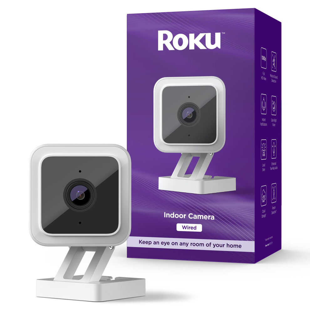 Roku Indoor Camera for Home Security  1Pack  Wired Security Camera with 1080p HD Color Night Vision  Works with Alexa  Google