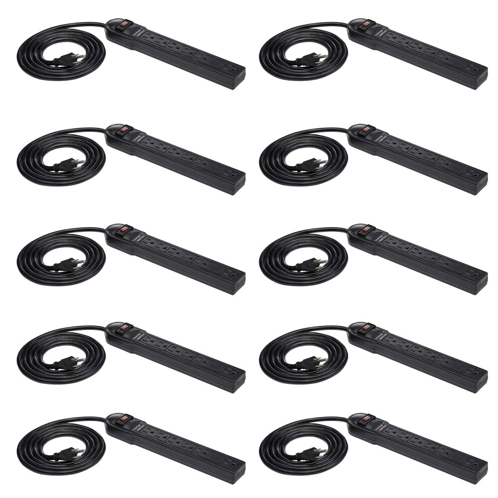 Amazon Basics Rectangular 6Outlet Surge Protector Power Cord Strip  790 Joule  Black  10Pack