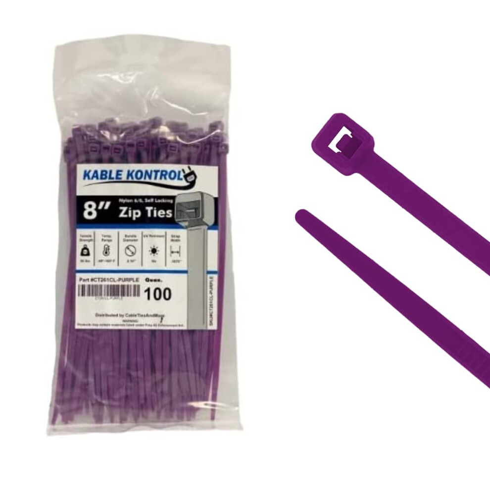 Kable Kontrol Purple Zip Ties 8 Inch 100 Pcs 50 Lbs Tensile Strength Selflocking Nylon Colored Cable Ties Wire Wraps For Indo 618559672618