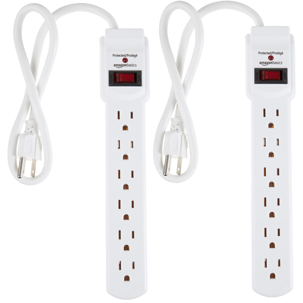 Amazon Basics Rectangular 6Outlet  200 Joule Surge Protector Power Strip  2 Foot  White  Pack of 2