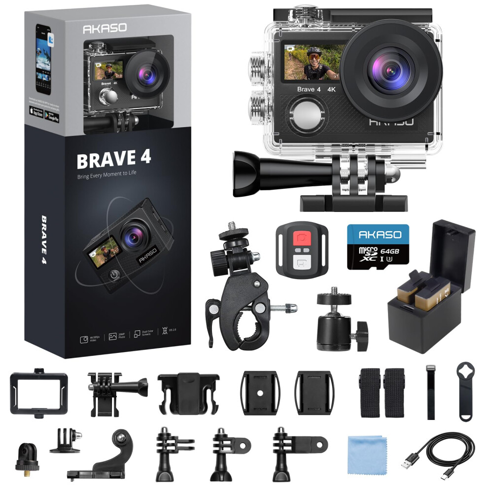 AKASO Brave 4 Action Camera 4K 30fps with 64GB MicroSDXC Memory Card Accessories Kit Bundle  20MP Ultra HD 131FT Waterproof Unde