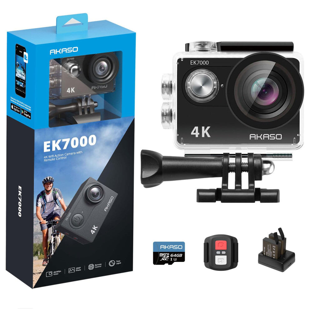 AKASO EK7000 4K30FPS 20MP Action Camera 98FT Waterproof Camera Ultra HD Underwater Camera Support External Microphone with 64GB