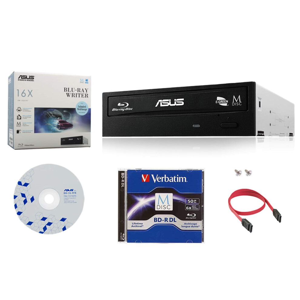 ASUS 16X BW16D1HT Internal Bluray Burner Bundle with 50GB Verbatim MDisc BDR DL  BD Suite Disc and Cable Accessories