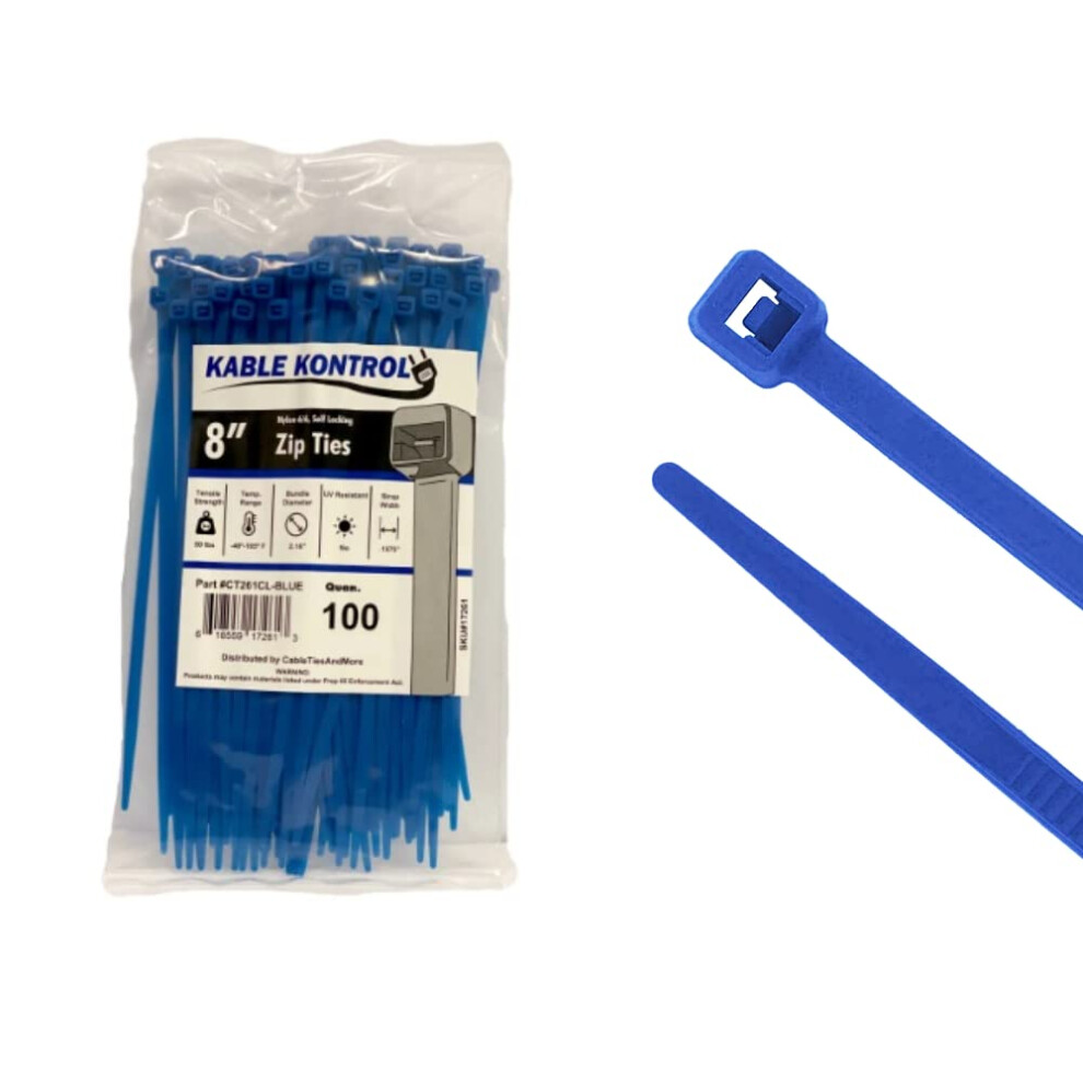 Kable Kontrol Blue Zip Ties 8 Inch 100 Pcs 50 Lbs Tensile Strength Selflocking Nylon Colored Cable Ties Wire Wraps For Indoor 618559172613