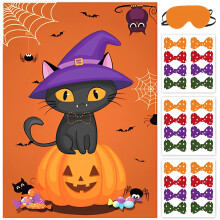 BORAMDO Pin The Bowtie on Cat Neck Halloween-Partyspiel fr Kinder, Katzenposter mit 24 Stck Bowtie-Aufklebern und einer Augenbinde fr Halloween-Pa