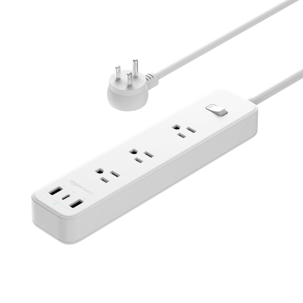 Amazon Basics Rectangle Power Strip 3 Outlet 3 USB Ports  1 USBC and 2 USBA  5 ft Extension Cord  for Home  Office  Travel  Wh